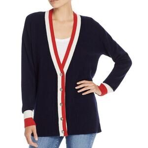 Madeline Thompson Cashmere Hip Cardigan Sweater Red White Stripe Preppy $545 Top